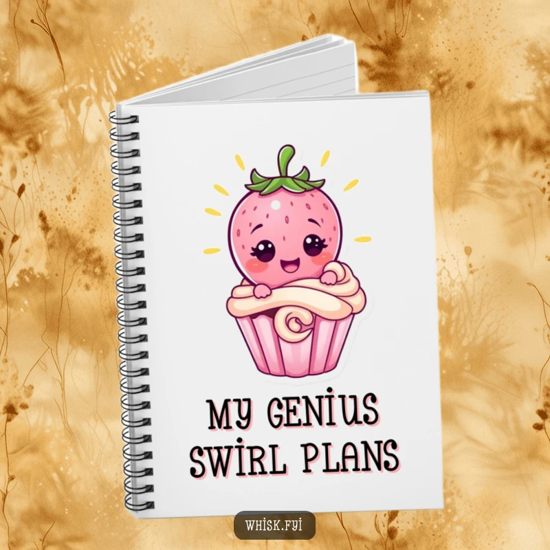 Funny pink strawberry character decorating a cupcake on a notebook cover, a cute and humorous item for baking enthusiasts.