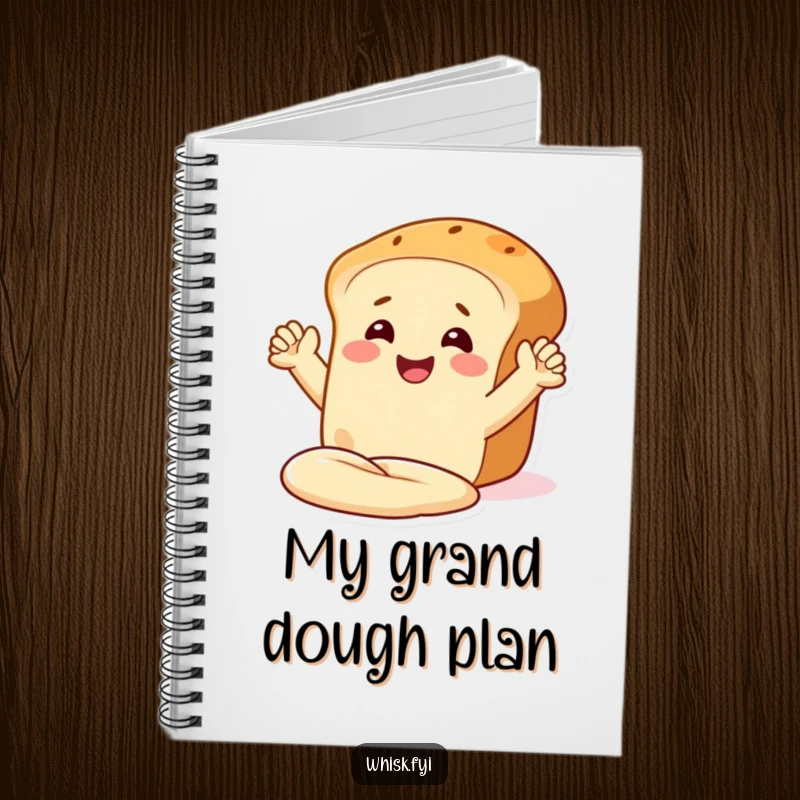 Funny notebook cover with a smiling bread loaf character with arms, kneading dough, for jotting notes.