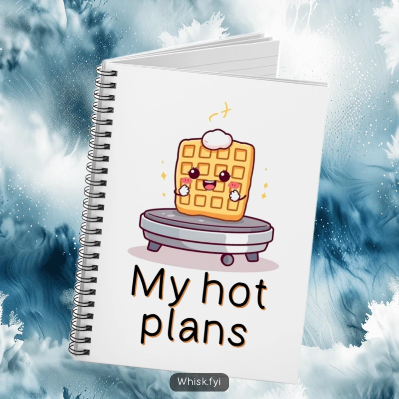 Funny notebook cover with a determined waffle bravely facing a hot griddle, inspiring bold ideas.