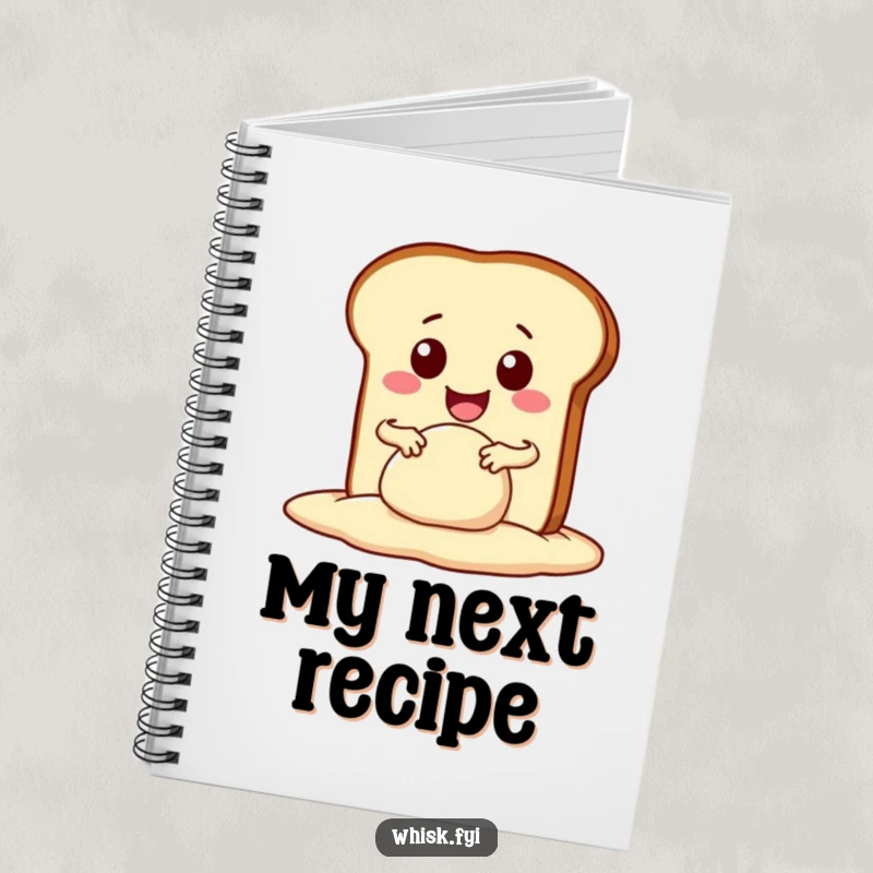 Funny kawaii bread slice enthusiastically kneading dough with a wide smile, on the cover of a lined notebook. Ideal for recipe journaling.