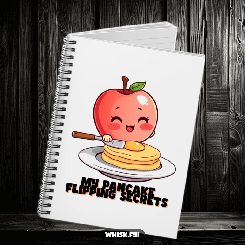 Funny blushing red apple flipping a pancake with flair on a notebook cover, a cute and humorous breakfast journal.