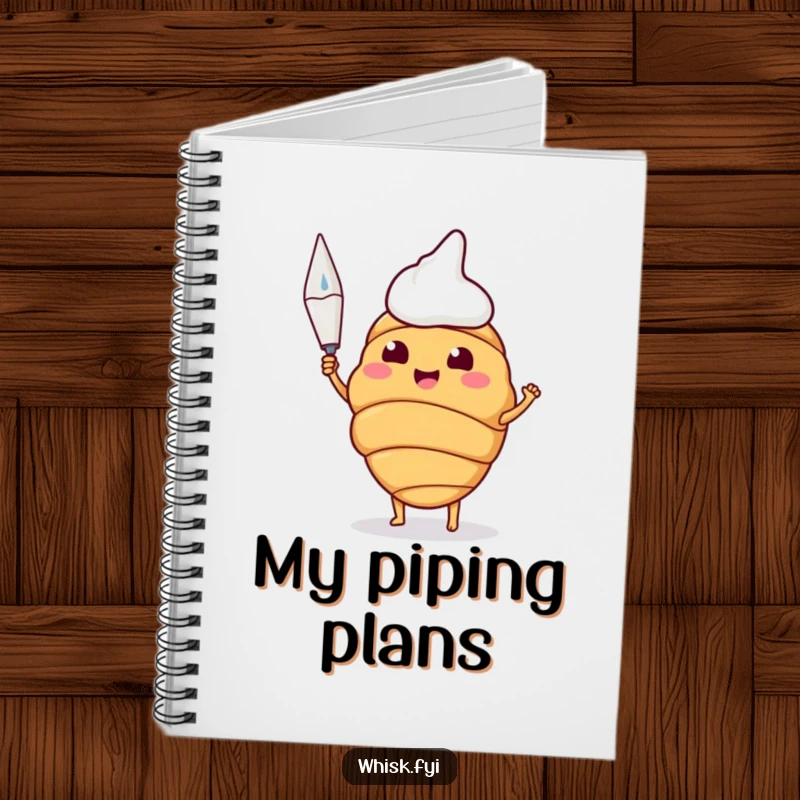 Funny notebook cover with a happy croissant proudly holding a piping bag, perfect for recipes.