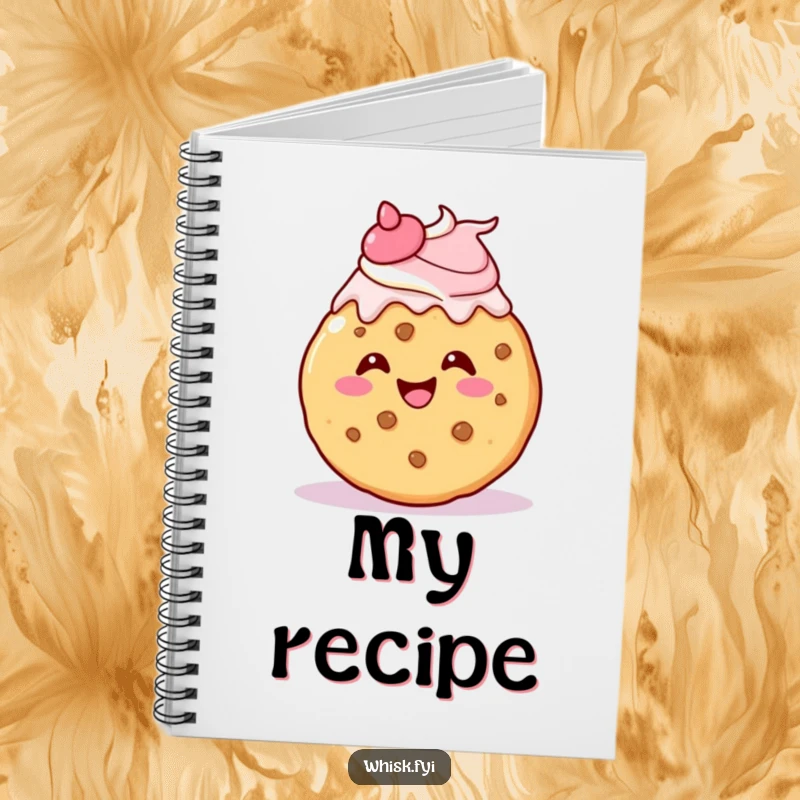 Funny kawaii cookie notebook, gleefully icing itself with a cheerful flourish, for writing and doodling.