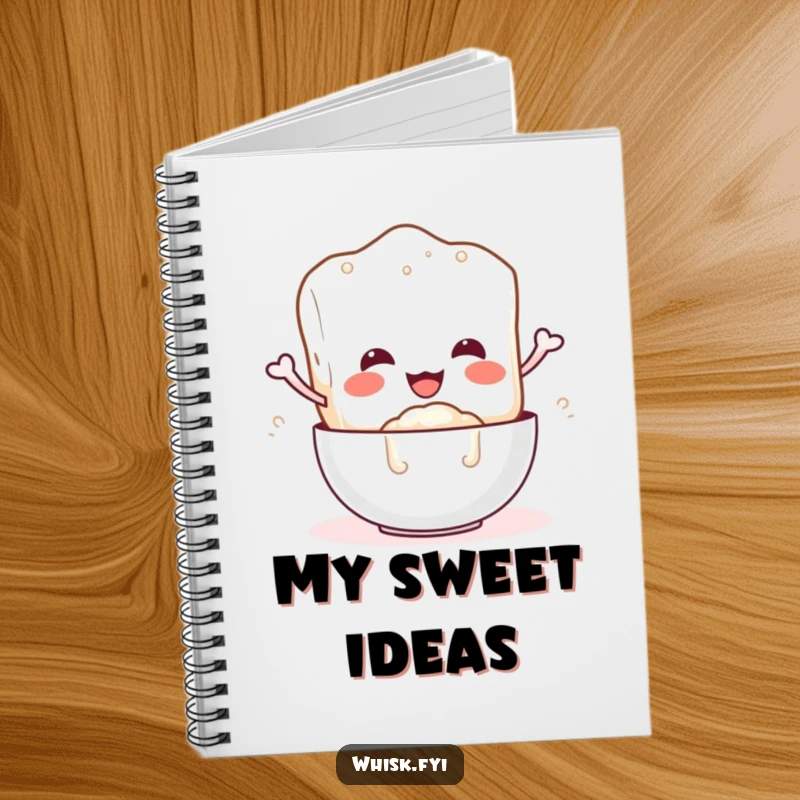 Funny notebook with a smiling sugar cube character pouring sugar, designed for jotting down sweet thoughts humorously.