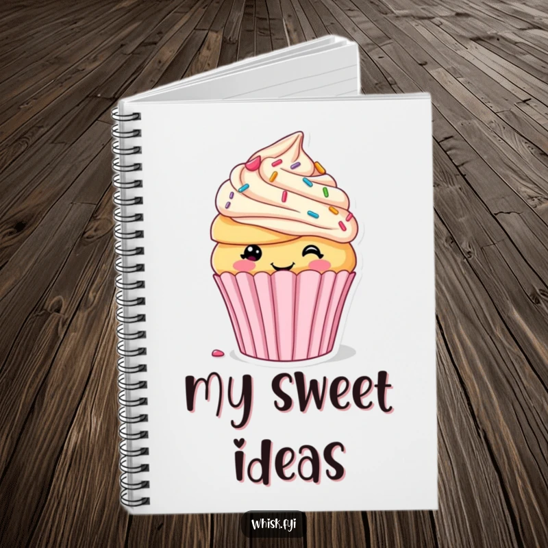 Funny notebook with a smiling cupcake self-decorating with sprinkles and frosting, inspiring sweet ideas and creative planning.