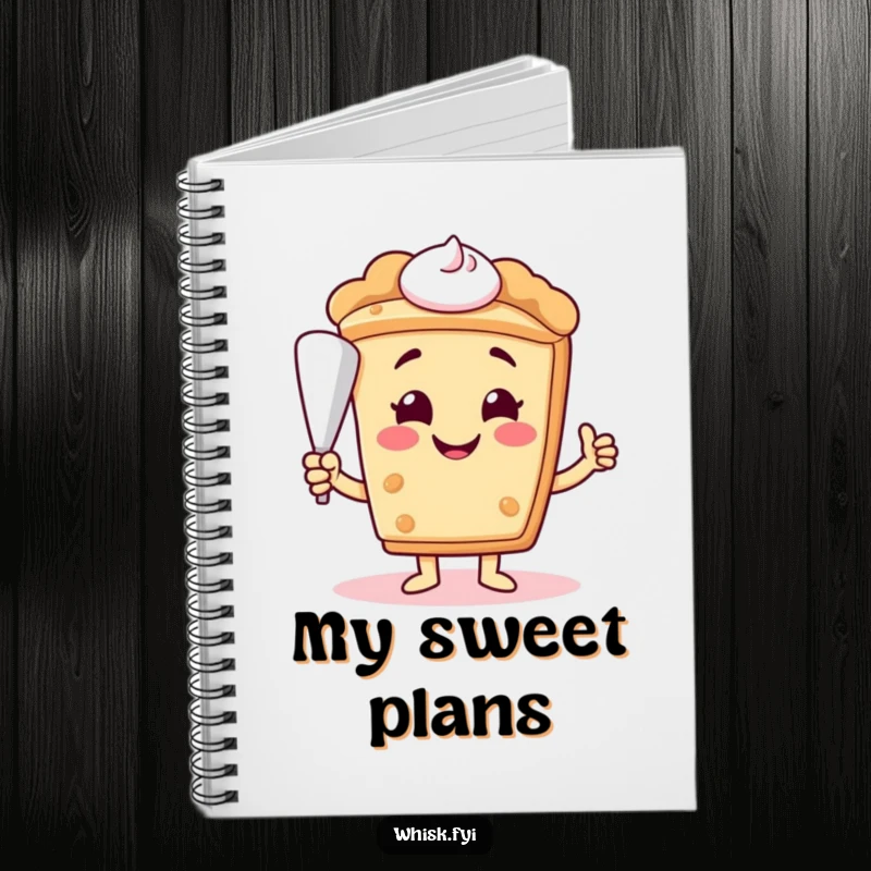 Funny smiling slice of pie character with a piping bag on the cover of a recipe notebook.