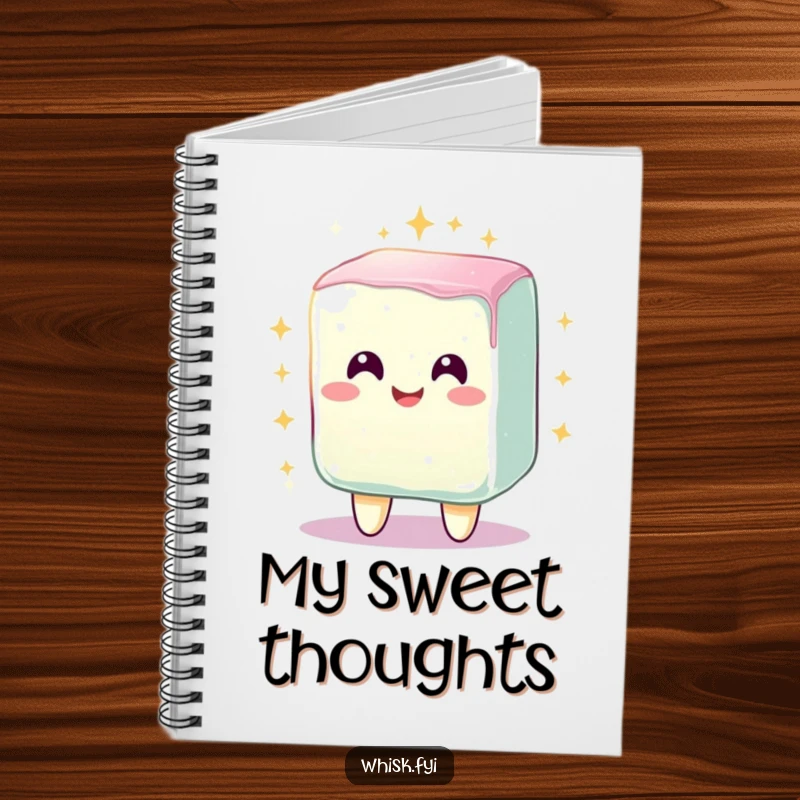 Funny notebook with a radiant, smiling sugar cube character sparkling brightly, perfect for jotting down recipes or bright ideas.