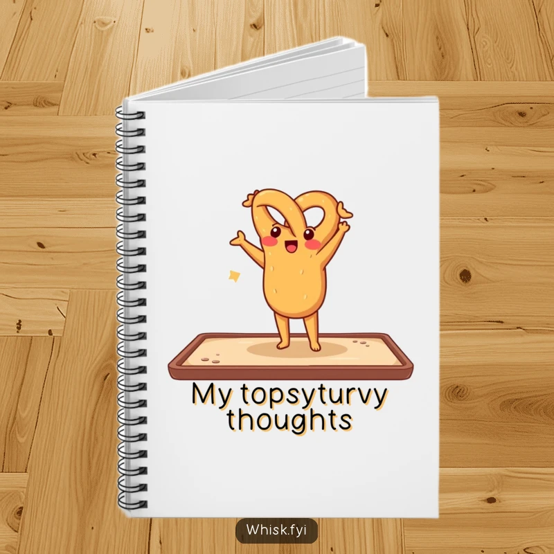 Funny notebook with a cheerful pretzel doing a handstand on a baking sheet, inspiring delicious baking ideas and creative planning.
