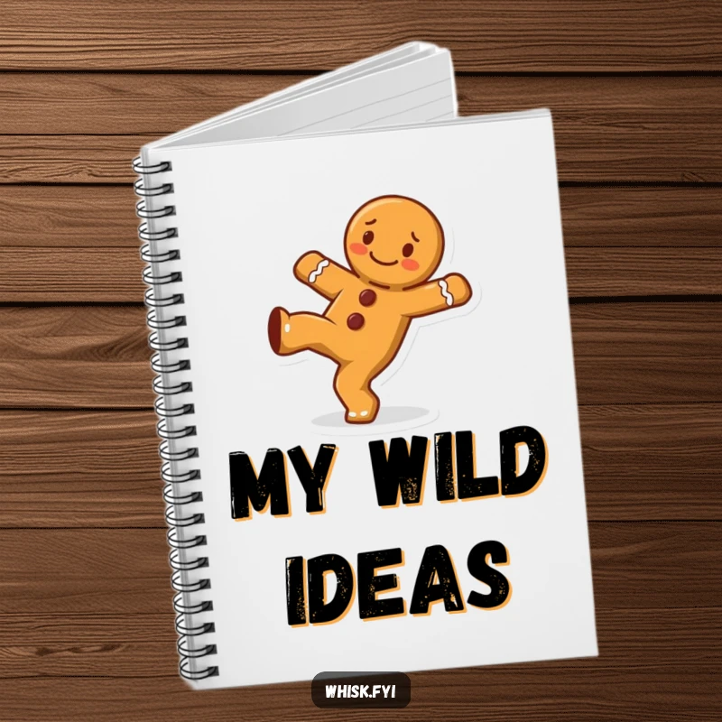 Funny cheerful gingerbread man character doing a cartwheel on the cover of a playful notebook.