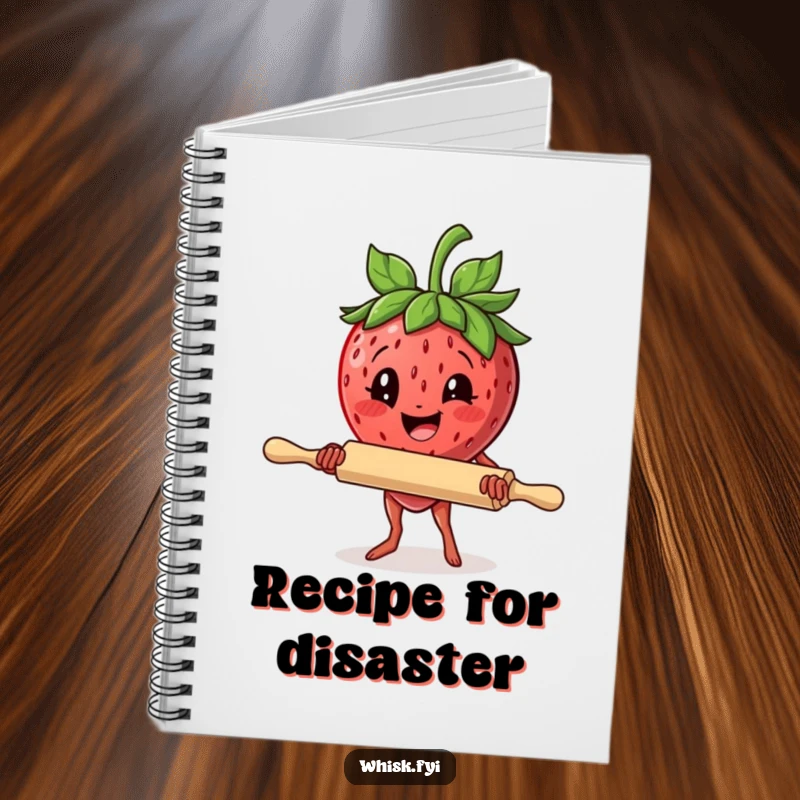 Funny notebook featuring a delighted strawberry with a rolling pin, perfect for notes and recipe writing.