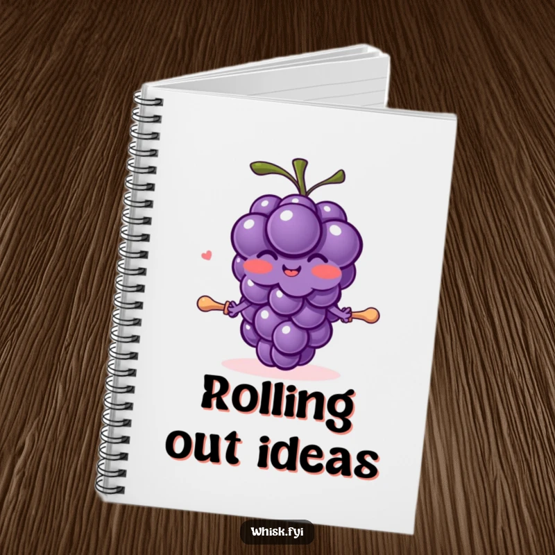 Funny blushing purple grape character with tiny arms joyfully rolling dough with a pin on a notebook cover.