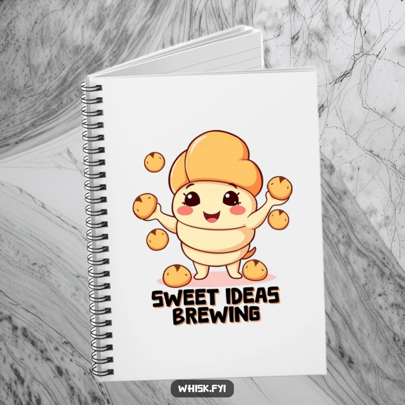 Funny notebook featuring a smiling croissant character juggling bread rolls, ready for jotting down delicious ideas.