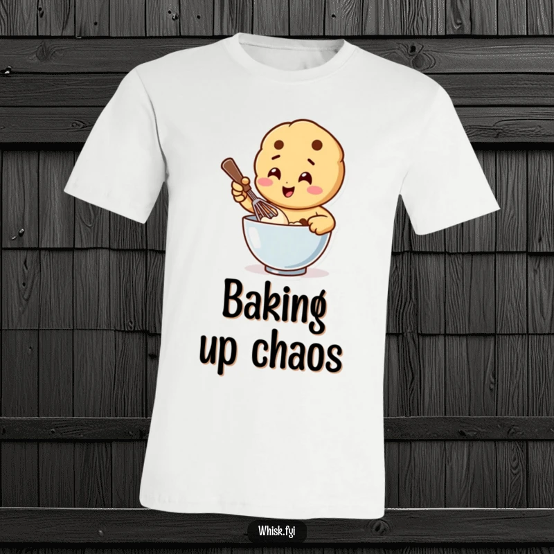 Funny T-shirt featuring a happy cookie character vigorously whisking batter in a bowl, exuding baking enthusiasm and humor.