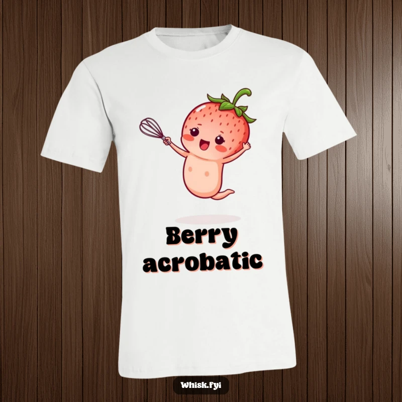 Funny kawaii strawberry T-shirt, performing a cartwheel while holding a tiny whisk, energetic and hilarious baking tee, perfect funny gift.