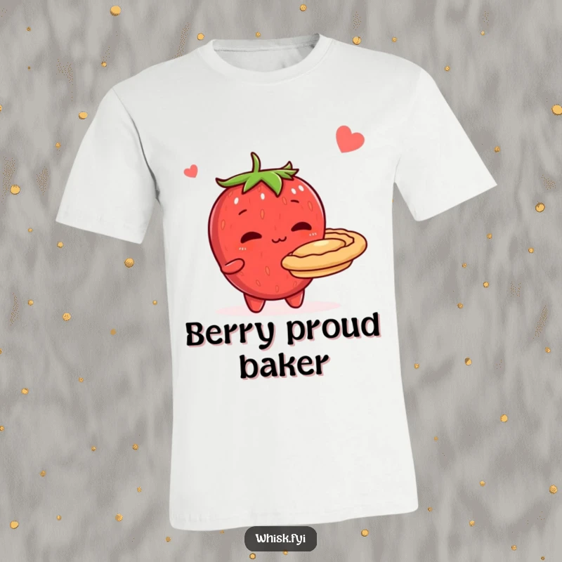 Funny t-shirt featuring a shy, blushing strawberry character showcasing a perfectly baked pie, ideal for baking enthusiasts and gift-givers.