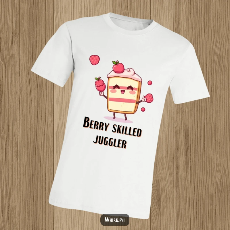 Funny Kawaii cake slice t-shirt, depicted as a playful character juggling small berries, showcasing a fun and sweet design.