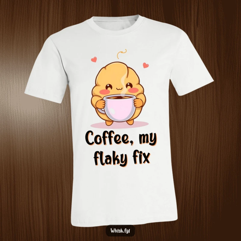 Funny t-shirt with a blushing croissant character holding out a steaming cup of coffee, offering a cute and humorous design.