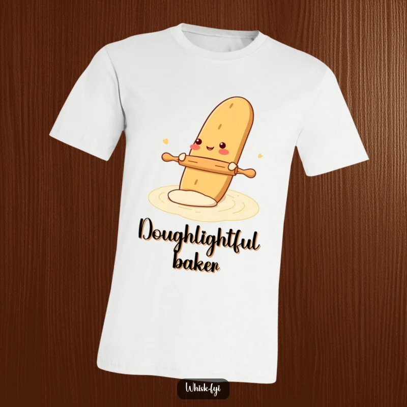 Funny t-shirt showing a gleeful baguette rolling dough with a tiny rolling pin, perfect for bakers and carb enthusiasts.