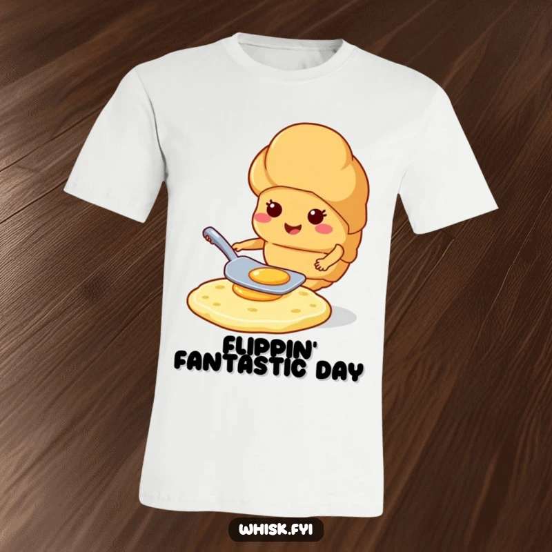 Funny croissant smiling while expertly flipping a pancake with a spatula on a hilarious t-shirt.