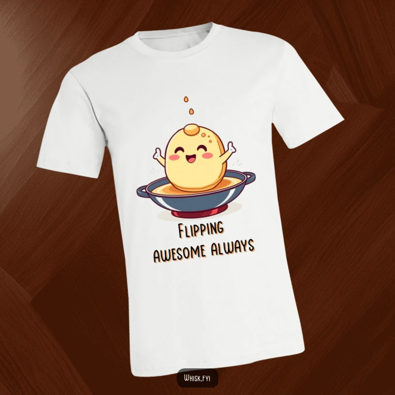 Funny pancake character t-shirt depicting a happy breakfast item skillfully flipping itself mid-air.