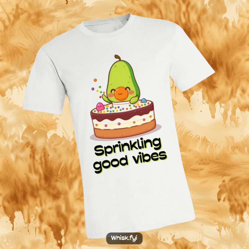 Funny green avocado with an apron determinedly sprinkling colorful dots onto a cake, a baking t-shirt.