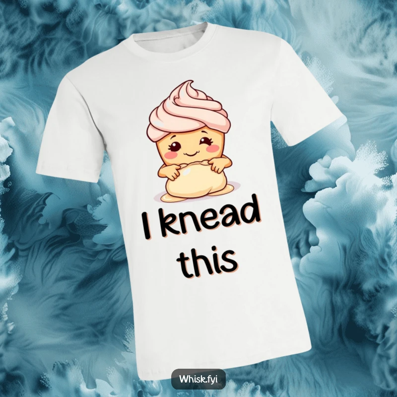 Funny t-shirt featuring a smiling cupcake with tiny hands adorably kneading dough in a baking action.