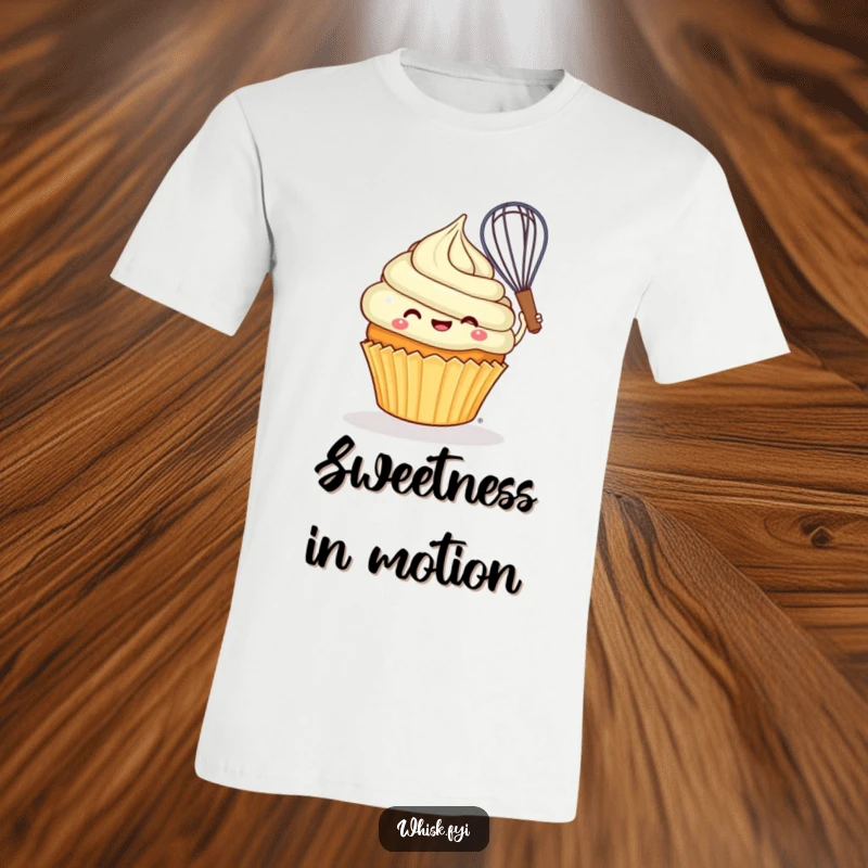 Funny cheerful cupcake joyfully swirling batter with a whisk on a hilarious t-shirt.