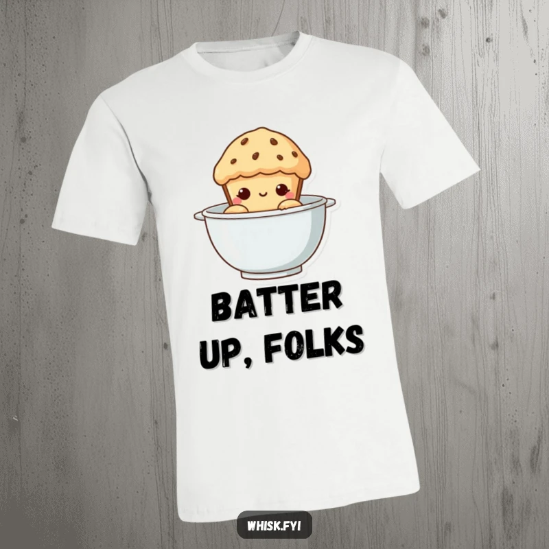 Funny Muffin T-Shirt: A curious muffin with big eyes peeking over the edge of a mixing bowl, ready for baking fun.