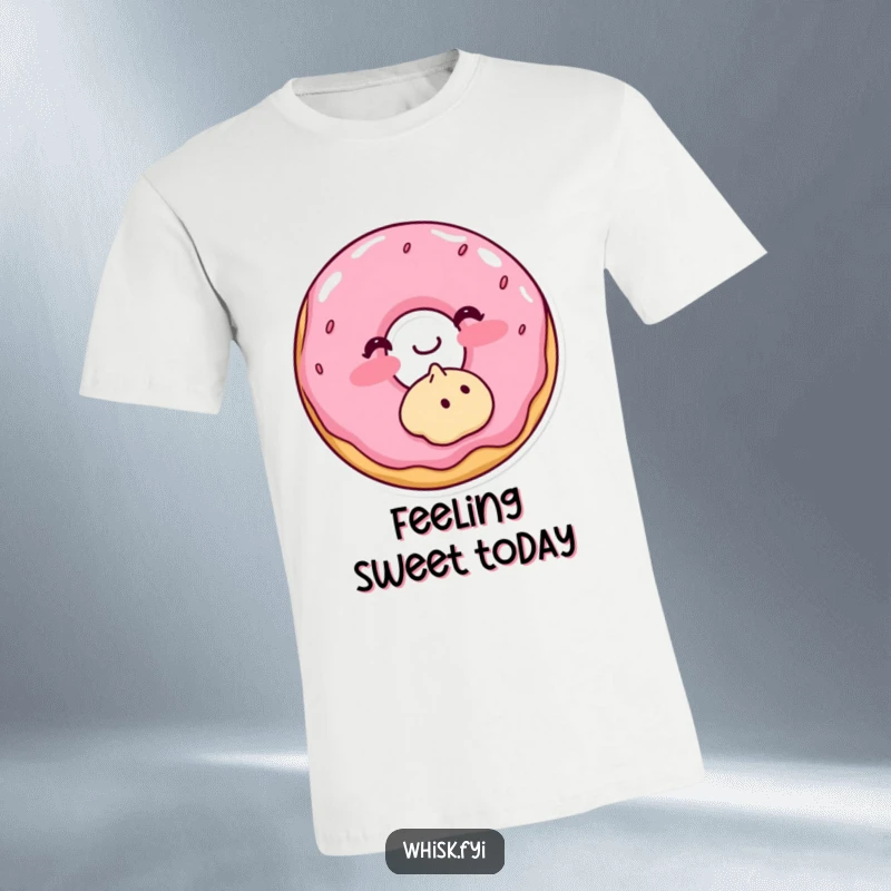 Funny t-shirt graphic of a blushing donut delicately frosting a tiny cookie with a bashful, endearing smile.