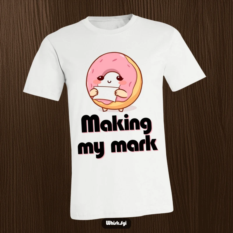 Funny, determined donut character carefully folding parchment paper, printed on a t-shirt emphasizing precision.