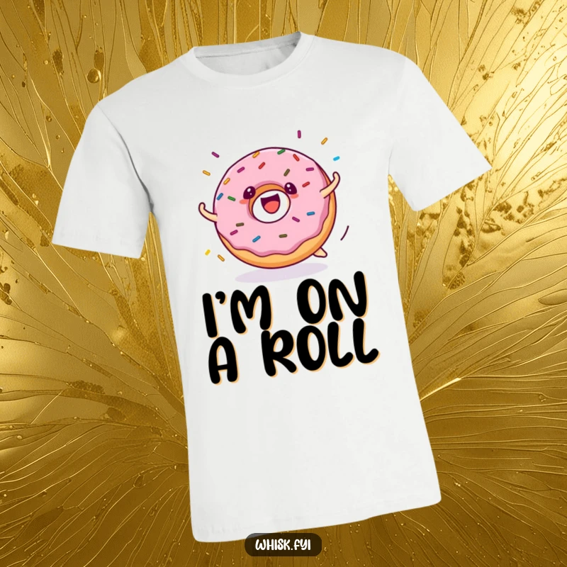 Funny donut t-shirt depicts a cheerful donut character joyfully rolling with sprinkles exploding outwards in a fun design.