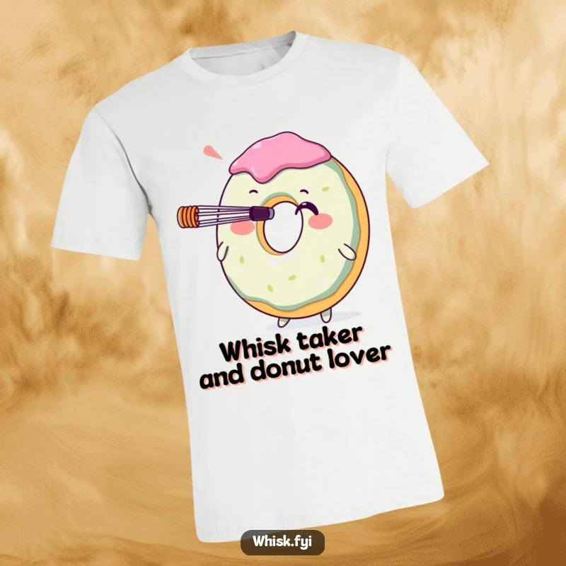 Funny donut character balancing a whisk on its nose, printed on a comfortable t-shirt. Ideal for bakers and dessert lovers seeking a humorous gift.