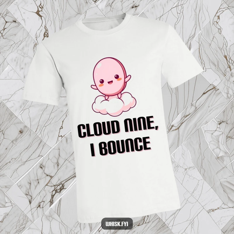 Funny t-shirt depicting a giddy macaron character energetically bouncing on a soft meringue cloud, showcasing pure, carefree fun.