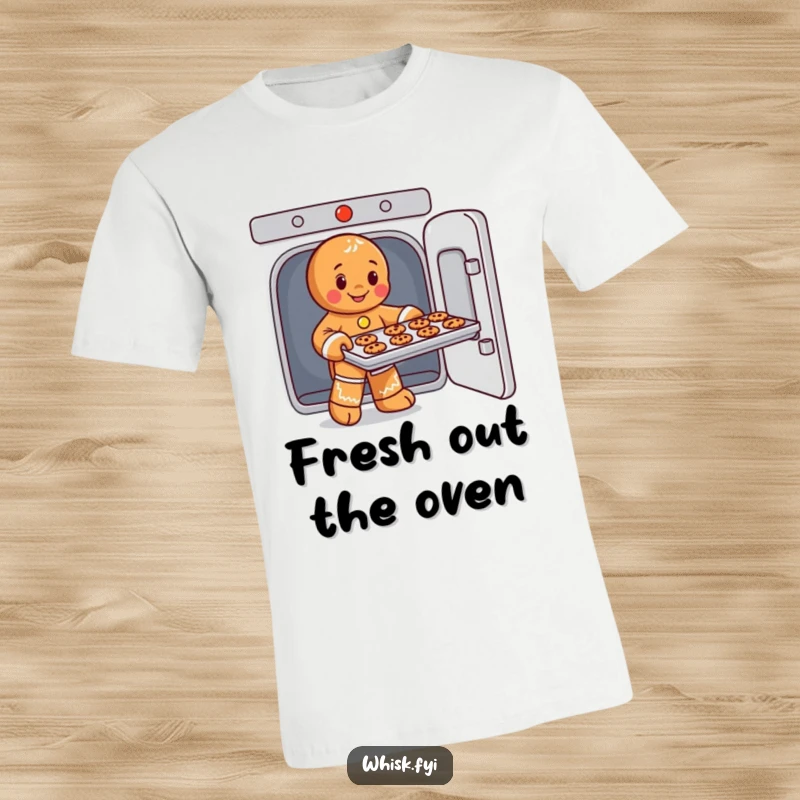 Funny t-shirt showing a playful gingerbread man skillfully removing a cookie tray from an oven, great for baking enthusiasts.