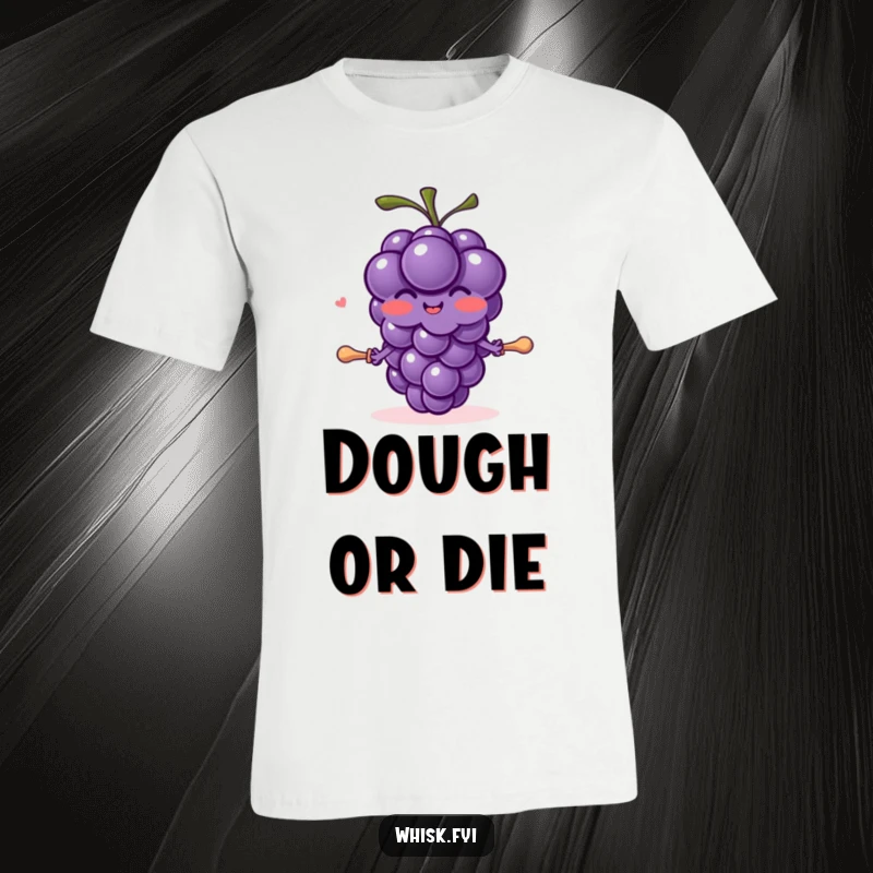 Funny blushing purple grape character with tiny arms joyfully rolling dough with a small pin, a baking t-shirt.