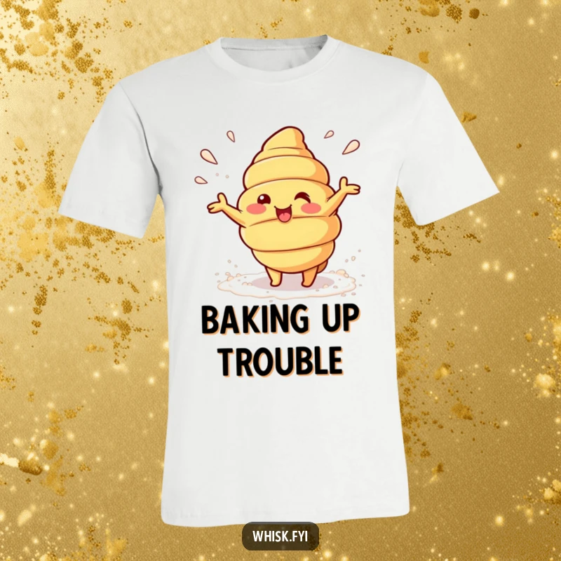 Funny Kawaii croissant character beaming and playfully tossing flour on a T-shirt, looking mischievous.
