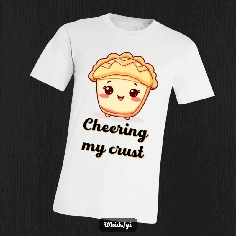 Funny Kawaii pie t-shirt, depicting a cheerful pie character with a lattice top, celebrating with enthusiasm.