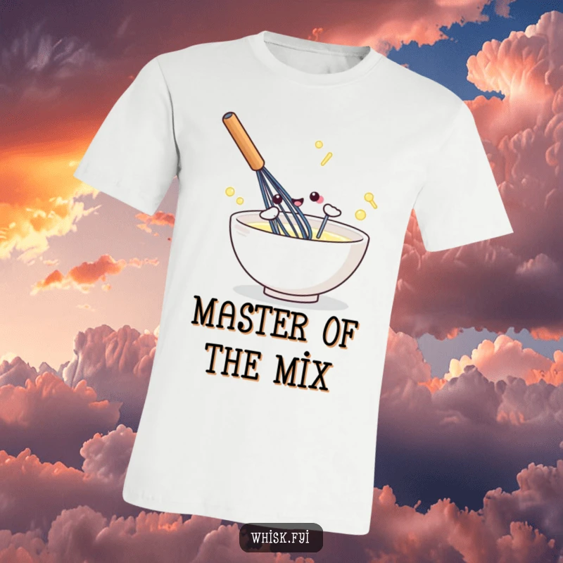 Funny kawaii t-shirt depicting a whisk happily stirring a bowl with lots of energy.