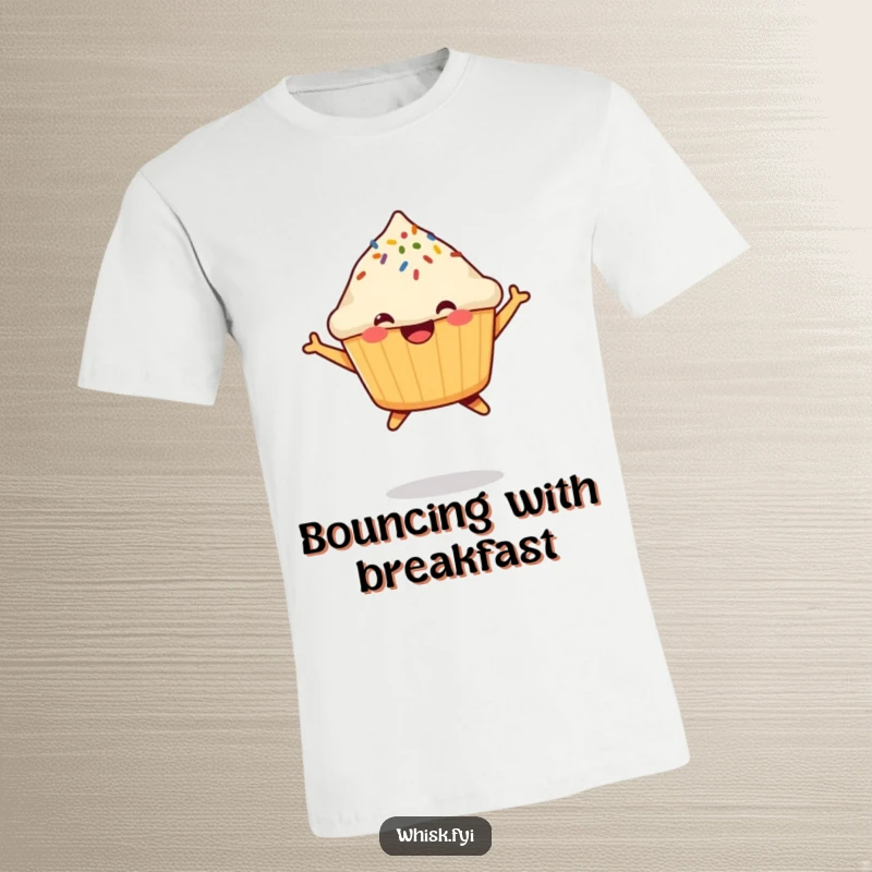 Funny Muffin T-Shirt depicting a cheerful, airborne muffin with a sprinkle, radiating pure happiness and playful energy.