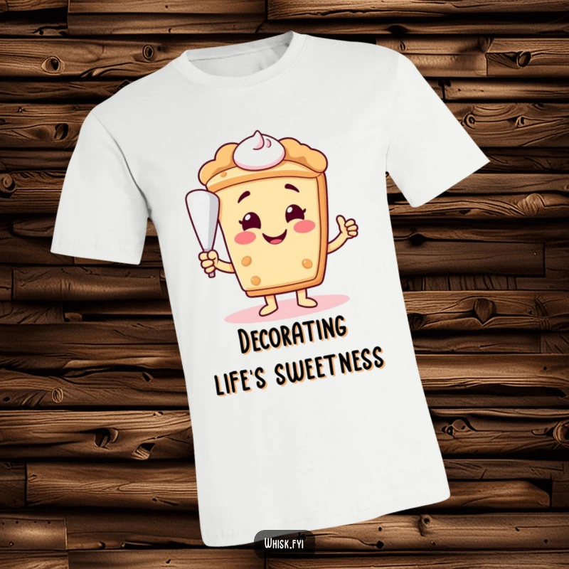 Funny smiling slice of pie character holding a piping bag on a comfortable t-shirt, ready for baking fun.