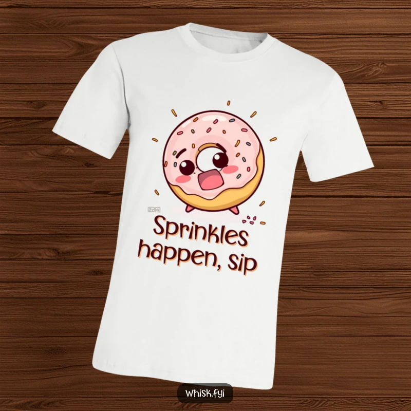 Funny t-shirt depicting a startled doughnut character losing its balance, with colorful sprinkles flying everywhere in a comical mishap.