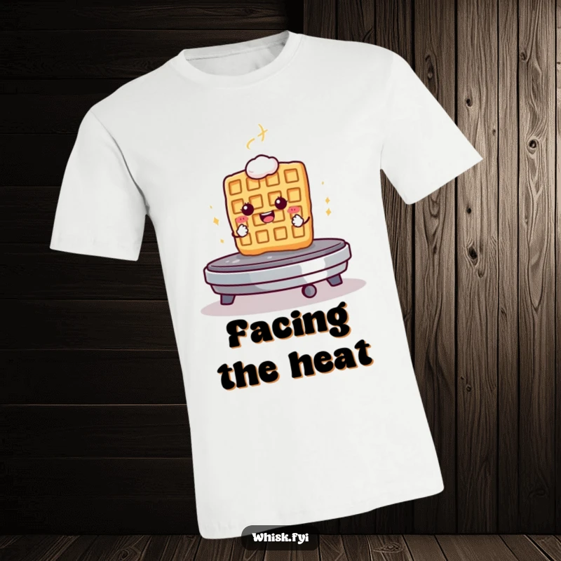 Funny t-shirt graphic of a determined waffle bravely facing a hot griddle, embodying breakfast courage.