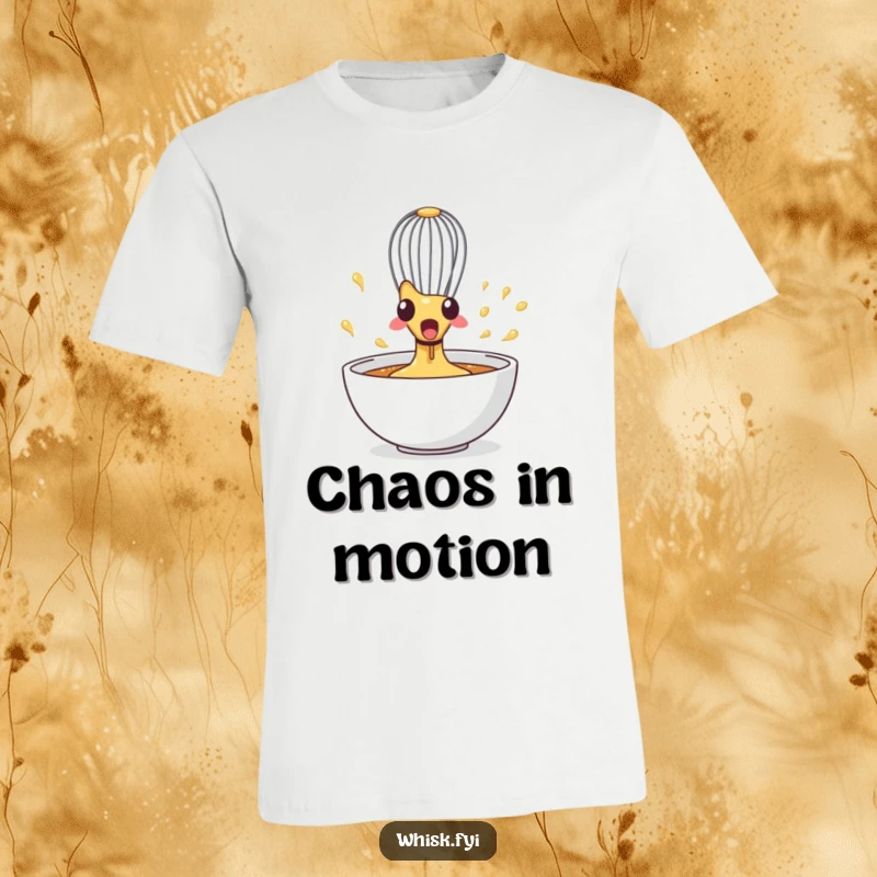 Funny Whisk T-Shirt depicting a surprised whisk in a frantic spin within a bowl, capturing kitchen energy.
