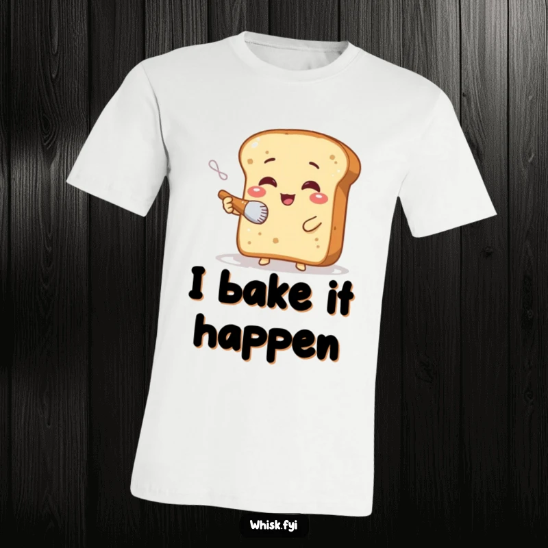 Funny t-shirt with a giggling bread slice character meticulously dusting flour with a miniature brush, celebrating baking humor.