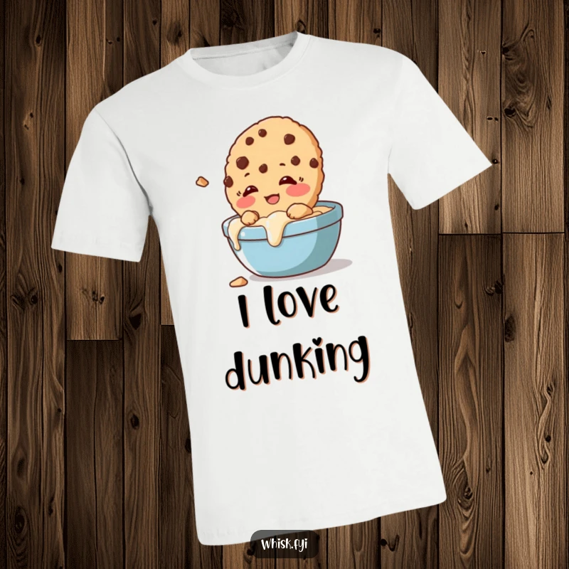 Funny t-shirt graphic of a giggling cookie slightly crumbling as it's joyfully dunked into a delicious beverage.