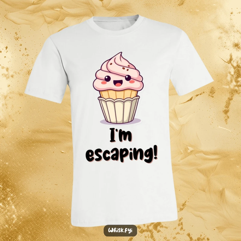 Funny kawaii cupcake T-shirt, popping excitedly out of its paper cup, a hilarious dessert graphic tee, perfect funny gift.