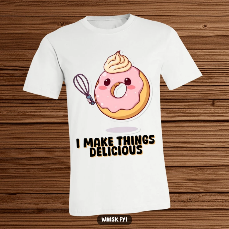 Funny donut character gleefully whisking and swirling vibrant frosting, depicted on a t-shirt, embodying pure baking bliss and confectionery fun.