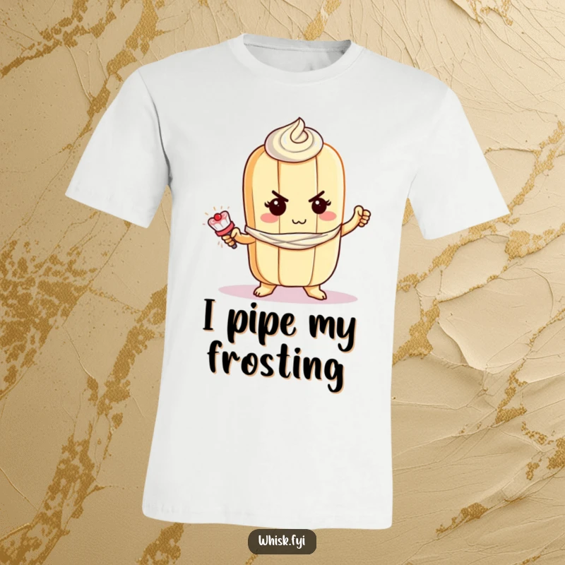 Funny baguette t-shirt depicting a determined baguette character bravely piping frosting, ideal for chefs and bakers.