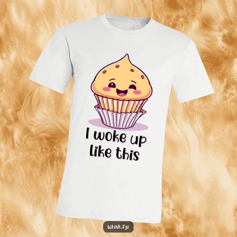Funny t-shirt with a joyful muffin character gleefully popping out of its paper liner, showcasing pure delight and excitement.
