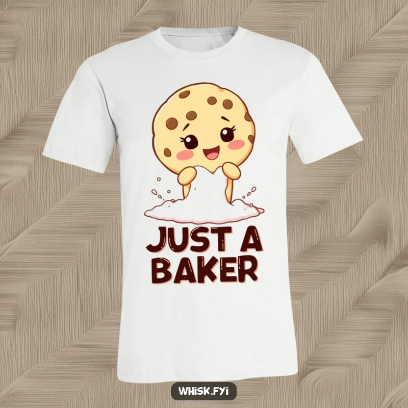 Funny t-shirt with a giggling cookie character sifting flour, perfect for bakers who enjoy the process.